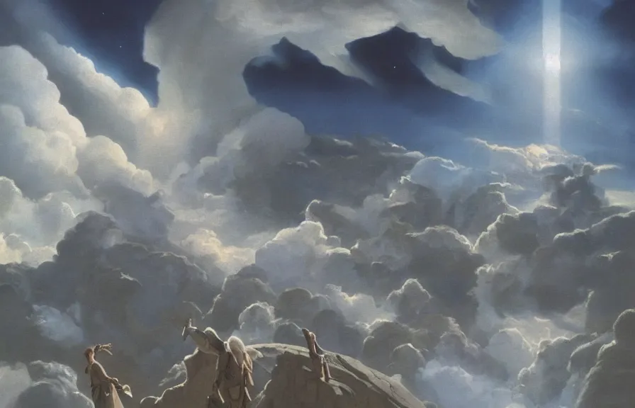 Image similar to Gates of heaven in the clouds by ralph mcquarrie, concept art, ultra realistic, super detailed, photorealistic, cinematographic, epic lighting, religious