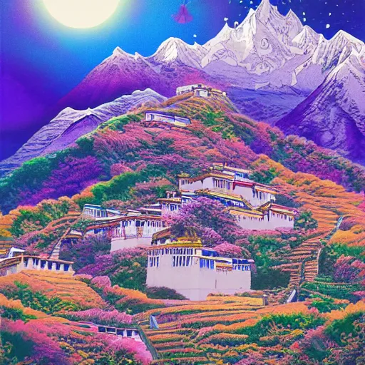 Prompt: omar shanti himalaya tibet, acrilic paint, digital, artstation, detailed intricate ink illustration, heavenly atmosphere, digital art, overdetailed art, concept art, complementing colors, trending on artstation, cgstudio, the most beautiful image ever created, dramatic, subtle, details, award winning artwork, beautiful scenery