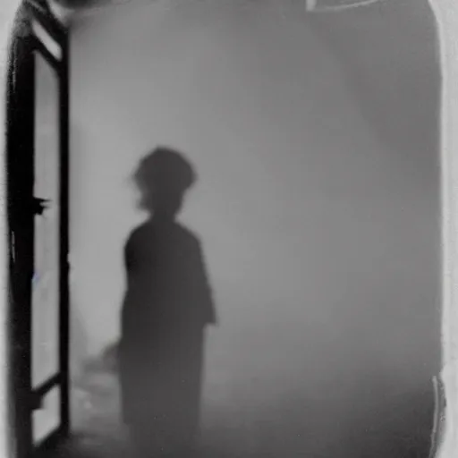 Image similar to creepy child standing behind a window of an old villa. 1 9 2 0 s black and white photo taken from outside. eerie, foggy.
