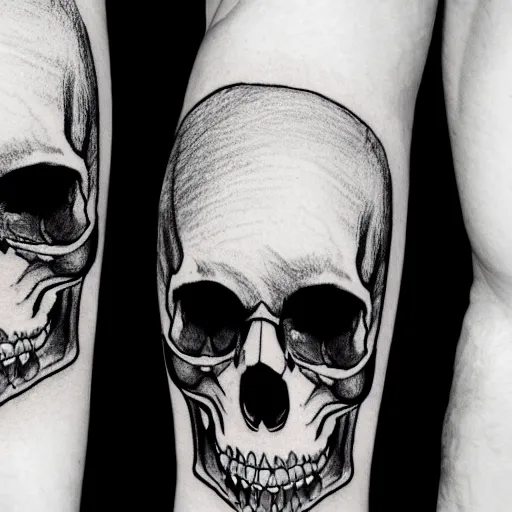 Prompt: drawing of a skull, pen, black lines, clean, white background, traditional, tattoo