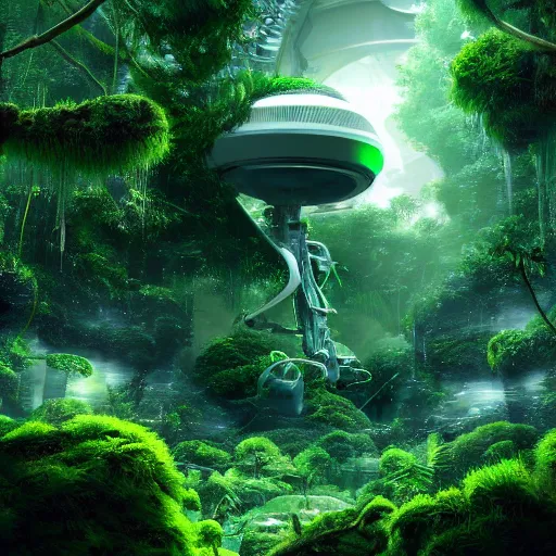 Image similar to futuristic white spaceship in a dense alien rainforest, HD, high def