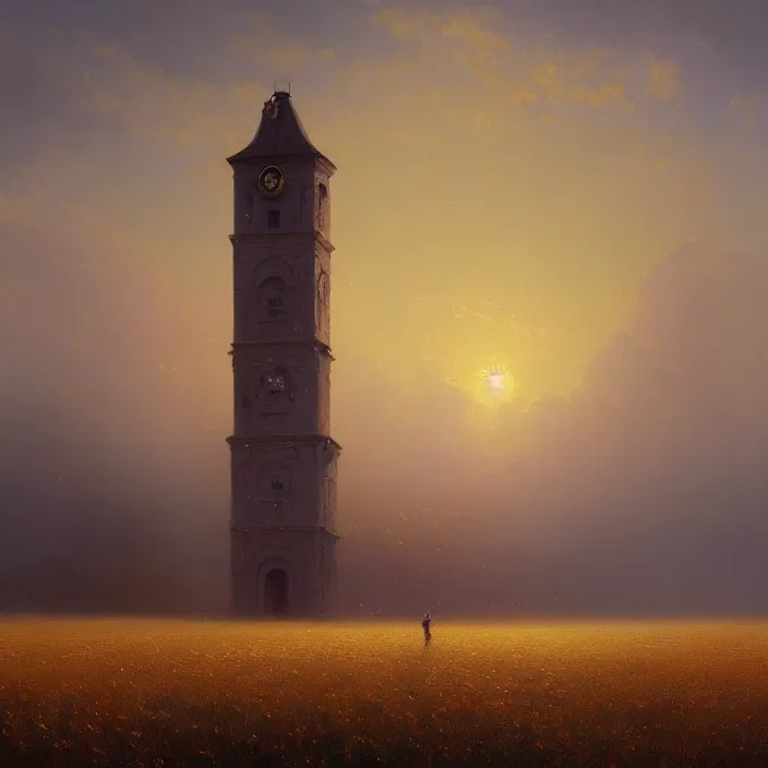 Prompt: a beautiful painting of a clock tower in a field of golden wheat by ivan aivazovsky and greg rutkowski and rhads, in style of digital art. hyper detailed, sharp focus, soft light. octane render. ray tracing. trending on artstation