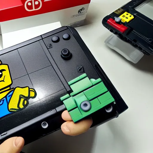Prompt: “ lego man with a nintendo switch for head ”