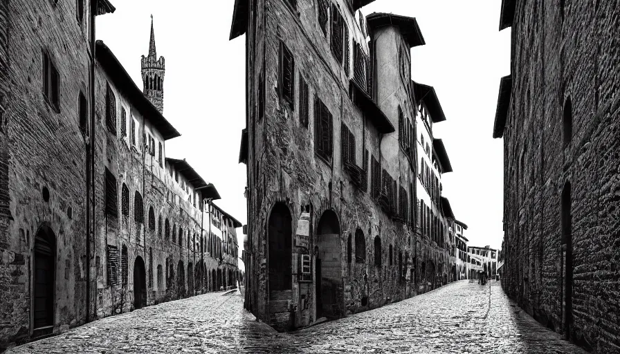 Prompt: florence old street in 1 6 th century with a tower in background, line art, black and white, dramatic lighting, cinematic composition, concept art