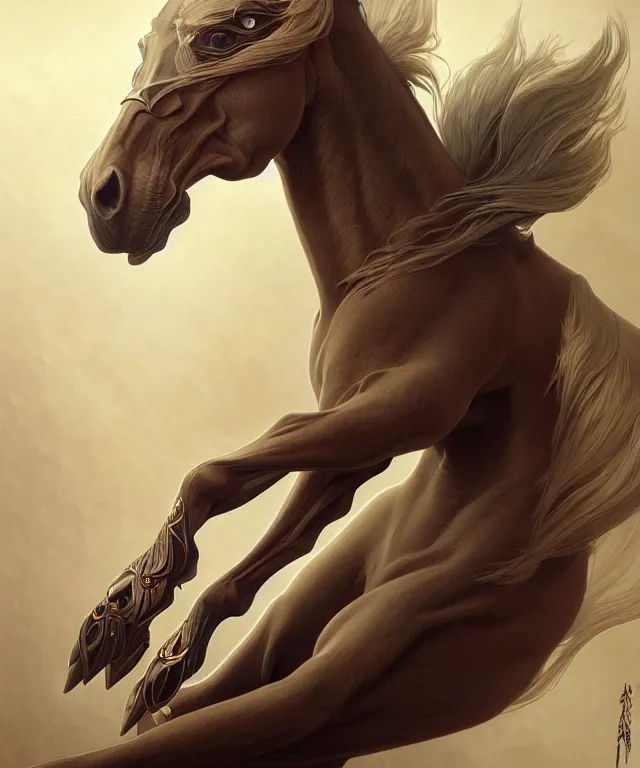 Image similar to anthropomorphic horse, fursona, trending on FurAffinity, dark surrealist , fantasy, intricate, elegant, highly detailed, digital painting, artstation, concept art, smooth, sharp focus, illustration, art by artgerm and greg rutkowski and alphonse mucha