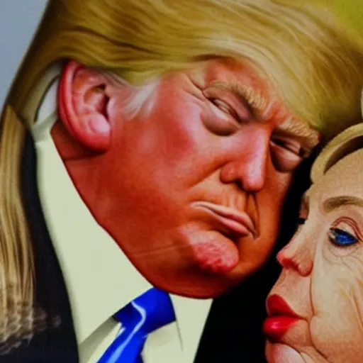 Prompt: realistic portrait of Donald trump kissing Hillary Clinton, hyperrealistic