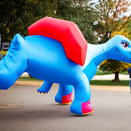 Prompt: boy running away from inflatable dinosaur costume