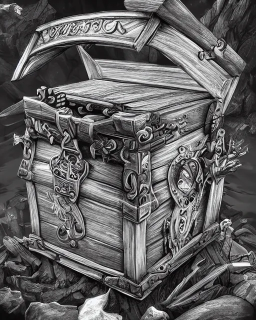 Image similar to a treasure chest opening, black and white, fantasy art, object art, illustration, fantasy, intricate, hyper detailed, artstation, concept art, smooth, sharp focus, ray tracing