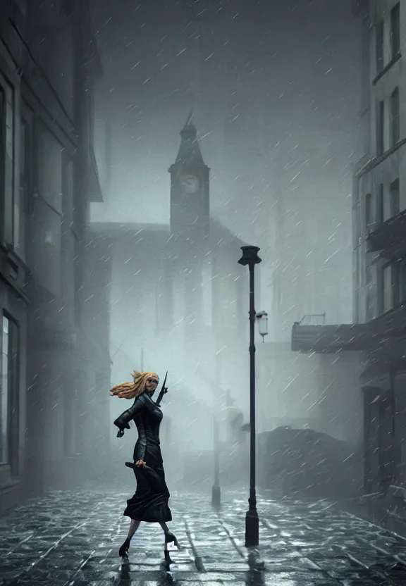 Image similar to beautiful model annie leonhart running on high heels in dunwall city, beautiful face, detailed face, cinematic lighting, rainy weather, melancholy atmosphere, volumetric light, octane render, dishonored 1, gothic architecture, realistic reflections, octane render 8 k, model agency