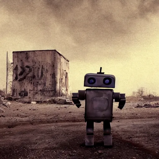 Prompt: a realistic photo of a broken robot in a deserted and apocalyptic environment