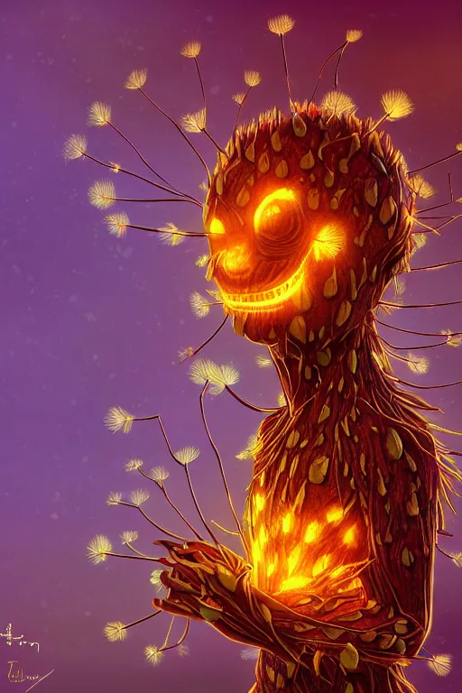 Image similar to a humanoid figure glowing dandelion plant monster, amber eyes, highly detailed, digital art, sharp focus, ambient lighting, autumn colours, trending on art station, anime art style