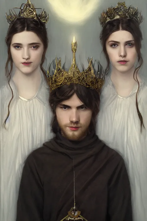 Image similar to a portrait of handsome young male nordic Satan wearing a subtle crown of light and his elegant beautiful nordic cultist wife, bored, illustration, dramatic lighting, soft details, painting oil on canvas, art nouveau, octane render, HDR, 4k, 8k, HD, by Edmund Blair Leighton, Brom, Charlie Bowater, trending on artstation, faces by Tom Bagshaw, Sargent