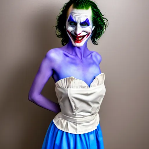 Prompt: the Joker wearing maid dress in restroom, fully body photo, realistic, blue lighting