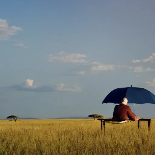 Prompt: a man sitting under an umbrella in a serengeti landscape, wide angle, panorama