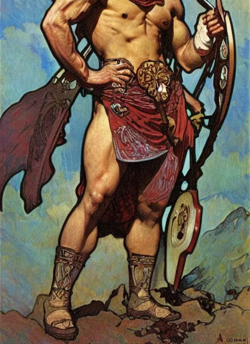 Prompt: Muscular viking warrior, art by Alphonse Mucha, painting, beautiful