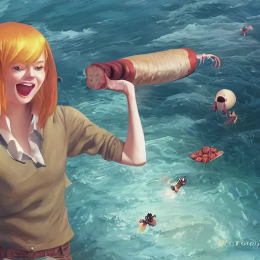 Image similar to emma stone surprised to see flying big italian sausages by concept artist gervasio canda, behance hd by jesper ejsing, by rhads, makoto shinkai and lois van baarle, ilya kuvshinov, rossdraws global illumination radiating a glowing aura global illumination ray tracing hdr render in unreal engine 5