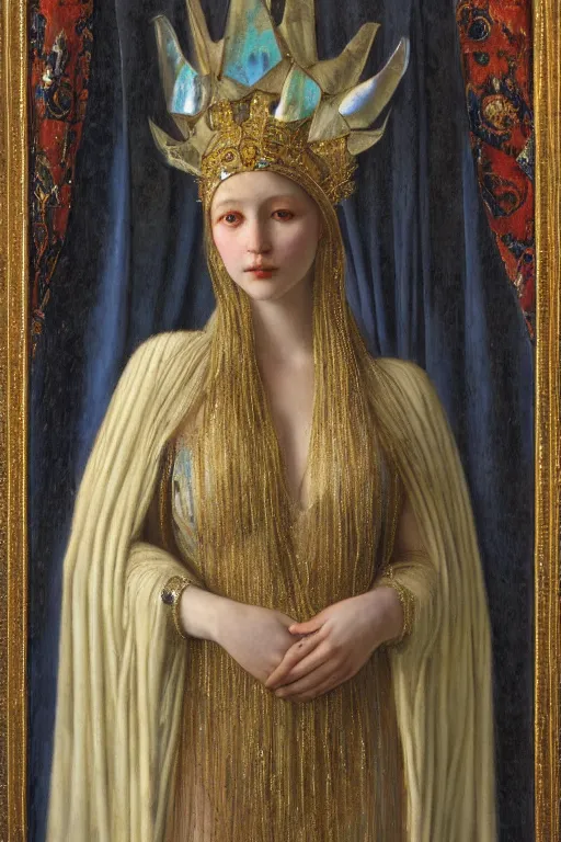 Image similar to coronation portrait of the ice queen, by Donato Giancola and John Bauer and John William Godward and Vermeer, embroidered velvet, iridescent beetles, rich color, ornate headdress, flowing robes, lost runes, ancient civilizations,featured on Artstation, cgisociety, unreal engine, extremely detailed