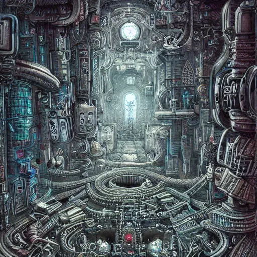 Image similar to a hyper realistic painting of a cyberpunk labyrinth, by joe fenton, highly detailed, vivid color,