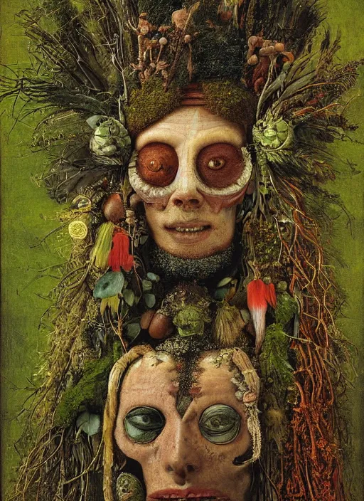 Image similar to a surreal painting of a shaman's face, by Giuseppe Arcimboldo, moss and ferns, symbolist, soft colors, dramatic lighting, smooth, sharp focus, extremely detailed, aesthetically pleasing composition