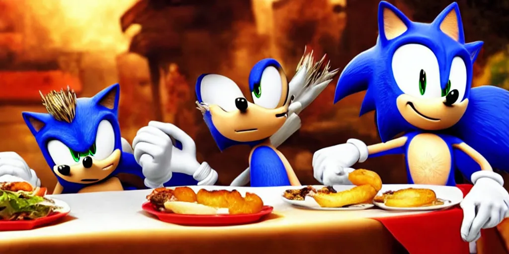 Prompt: A render of Sonic the Hedgehog sitting across from Shadow the Hedgehog at a restaurant, Sonic looks like he is shocked, Shadow is looking away in disgust, they both have hamburgers in front of them on a plate, movie, HDR, moody lighting, unique camera angle from the end of the table and between the two of them, candle lighting that is glowing on their faces