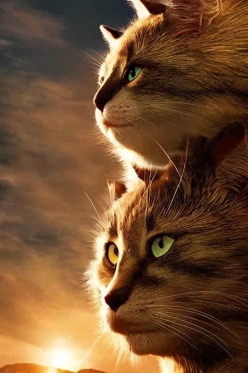 Image similar to a movie poster for warrior cats, depth of field, sun flare, hyper realistic, very detailed, backlighting, cgi