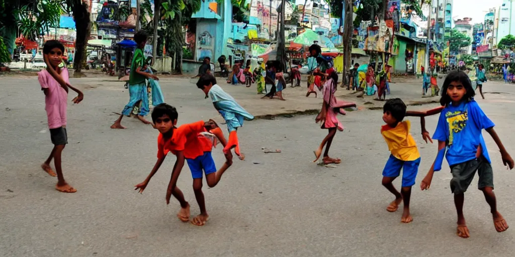 Prompt: sri lankan kids playing in colombo sri lanka city, drawn by hayao miyazaki