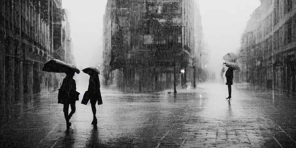 Image similar to lovers in the rain, moody light, empty street, full body