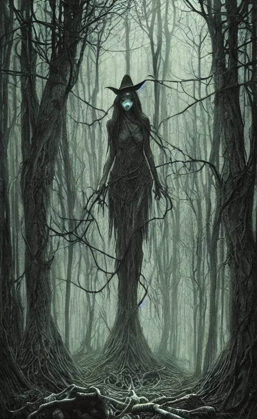 Image similar to a witch in an ominous forest, cinematic lighting, at night, highly detailed, symmetric, concept art, masterpiece, fantasy art, hyperdetailed, hyperrealism, saturated colors, art by zdzistaw beksinski, arthur rackham, dariusz zawadzki, larry elmore