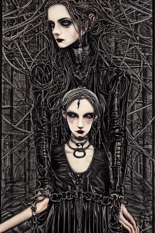 Prompt: dreamy gothic girl, black leather slim clothes, chains and metal parts, detailed acrylic, grunge, intricate complexity, by dan mumford and by alberto giacometti, peter lindbergh