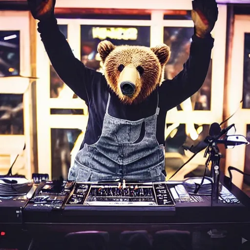 Image similar to an instagram photo of a grizzly bear dressed in hip hop street clothes in front of a dj table holding a microphone