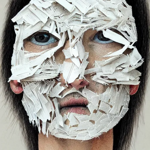 Prompt: face shredded like paper masks, horror, surreal, drawing, painting