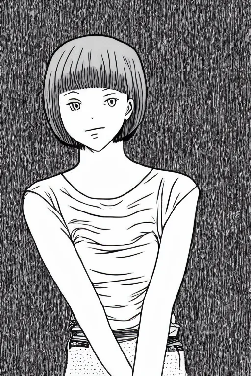 Prompt: portrait of a girl in long pants and a top, hands in pockets, eyes closed, bob haircut, digital art, black and white, lineart by junji ito and kaoru mori