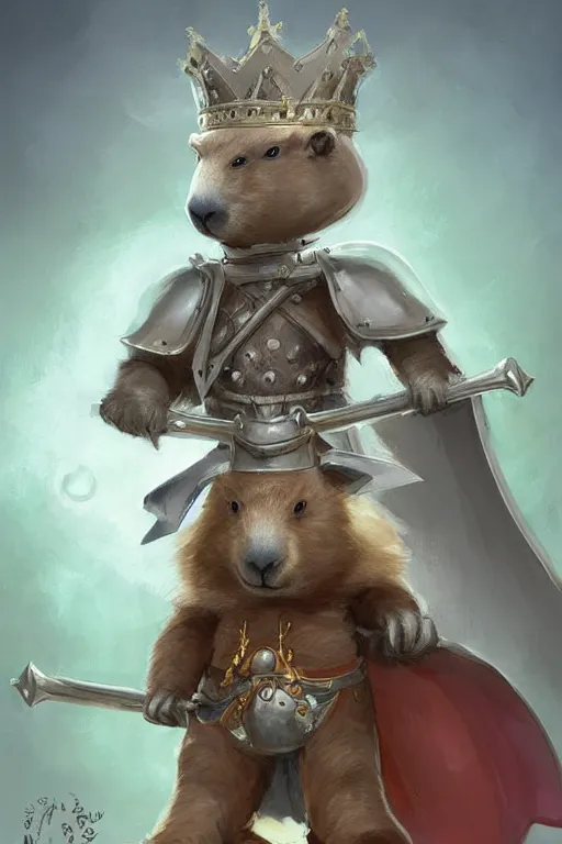 Image similar to cute anthropomorphic Capybara knight wearing a cape and a crown, tiny, small, miniature bear, baby animal, short, pale blue armor, cute and adorable, pretty, beautiful, DnD character art portrait, matte fantasy painting, DeviantArt Artstation, by Jason Felix by Steve Argyle by Tyler Jacobson by Peter Mohrbacher, cinematic lighting