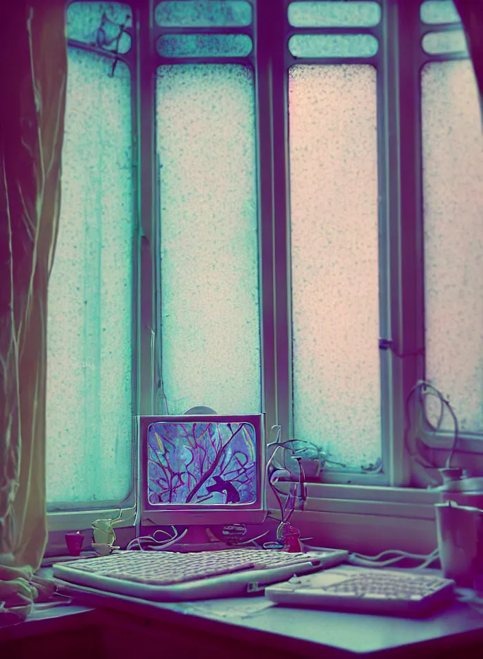 Prompt: telephoto 7 0 mm f / 2. 8 iso 2 0 0 photograph depicting the feeling of chrysalism in a cosy cluttered french sci - fi ( art nouveau ) cyberpunk apartment in a pastel dreamstate art style. ( computer screens, window ( rain ), sink, lamp ( ( fish tank ) ) ), ambient light.