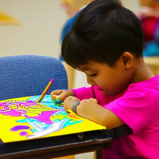 Prompt: a 3 5 mm photo of child coloring a coloring book using a crayon in sunday school church, sigma 2 4 mm f / 8,, smiling,, sitting, warm lighting, strong shadow, cinematic, realistic