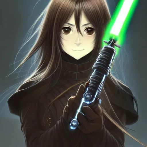 Image similar to Masterpiece head and shoulders portrait of a female Kazuto Kirigaya Kirito, young woman with blonbrown long hair and bangs and wearing a long black coat breast-armor showing through, holding a light saber, face, fantasy, intricate, elegant, highly detailed drawn by Donato Giancola and Fernanda Suarez and Artem Demura, face by Artgerm and Edmund Leighton, Alphonse Mucha, background by James Jean and Gustav Klimt, 4k, porcelain skin, komorebi, french nouveau, trending on pixiv, octane render, hyperrealistic