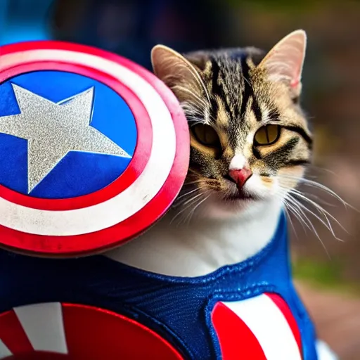 Image similar to cat wearing captain america costume, award - winning 4 k photography
