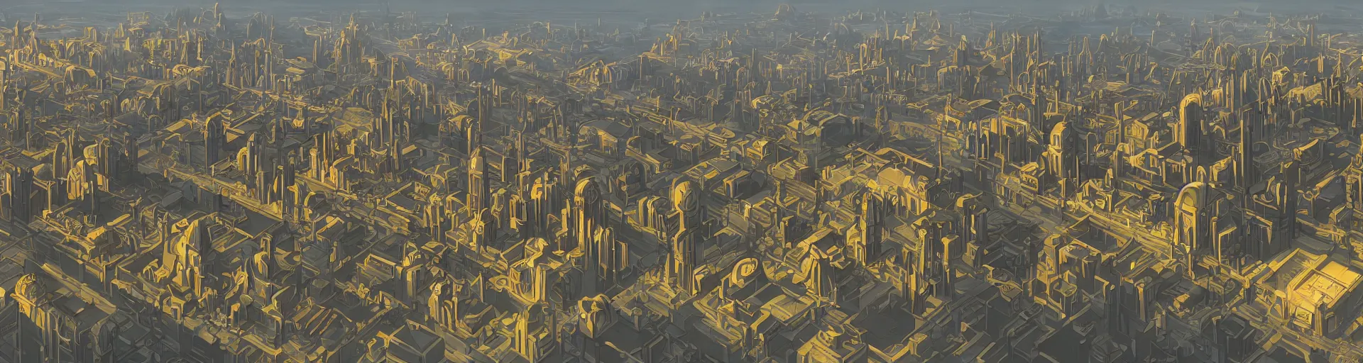 Image similar to a wide landscape shot of a dwarven city with retrofuturist art deco architecture