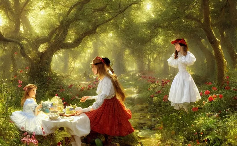 Image similar to alice in the wonderland by peder mørk mønsted and pierre auguste cot and daniel f. gerhartz