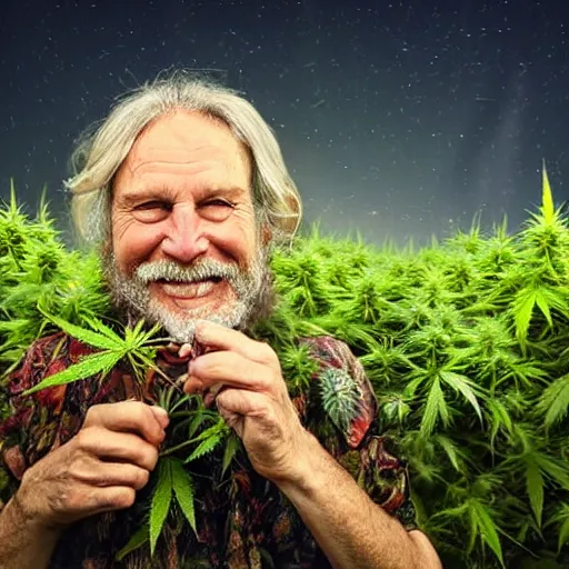 Image similar to intoxicated lazy older hippie wearing twigs and leaves and antlers smiling sheepishly in a field of cannabis plants, highly detailed, dramatic lighting, night time, cinematic, sci - fi, hyperrealistic, detailed