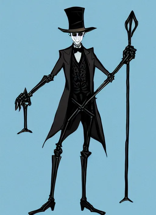 Image similar to DND character concept, Tall skeletal figure, wearing a deep black suit!!! and tie and top hat, holding a golden cane. Surrounded by light blue!!! flames!!