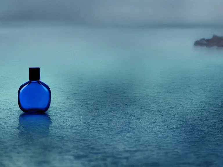 Image similar to perfume bottle standing on lilpadss in a deep blue pond ; 4 style of nicholas fols, 2 0 0 mm, mute dramatic colours, soft blur outdoor stormy sea background, volumetric lighting, hyperrealistic