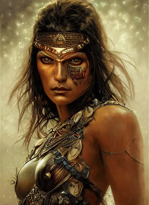 Image similar to a highly detailed symmetrical painting of a female amazon warrior with piercing beautiful eyes in dark tomb setting, dynamic lighting, ambient lighting, deviantart, art by karol bak and glenn fabry