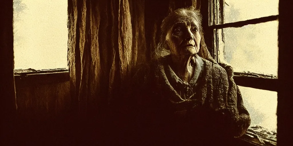 Image similar to portrait bust of old woman, tired expression, faded color film, russian cinema, tarkovsky, kodachrome, inside old cabin, next to window, heavy forest outside, long brown hair, old clothing, heavy fog, brown color palette, hudson river school, 4 k, dramatic lighting, greg rutkowski