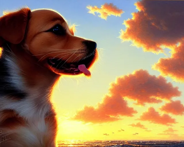 Prompt: a cute smiling puppy with its eyes shut on a very windy day, at the sea, wind blowing through the dogs fur, strong wind, closed eyes, highly detailed, hyperrealistic, intricate, sunset in the background, rays of golden red sunlight, oil painting by greg rutkowski and artgerm and wlop