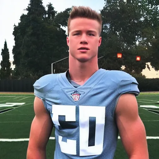 Image similar to “ a realistic detailed photo of a guy who is an attractive humanoid who is half robot and half humanoid, who is a male android, football player christian mccaffrey, shiny skin, posing like a statue, blank stare, on the field, on display ”