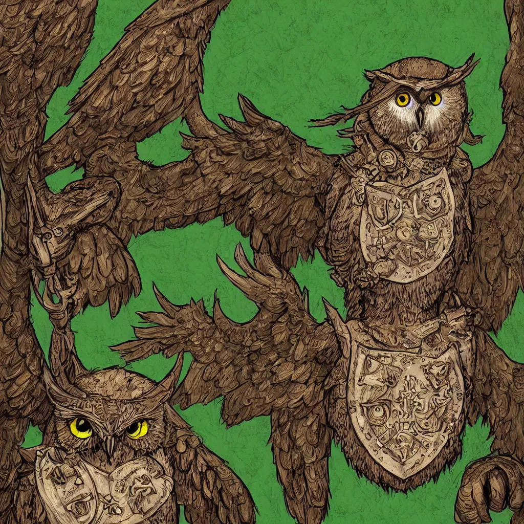 Image similar to A highly detailed, realistic anthropomorphic owl going to adventure wearing a horned viking helmet, shield, and green shirt. Commission by Sparrow.