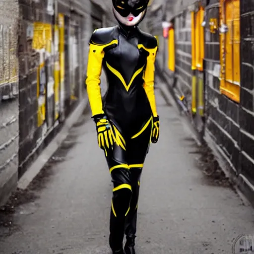 Image similar to black suit catgirl yellow motorcycle helmet, floating through galaxy, celty sturluson