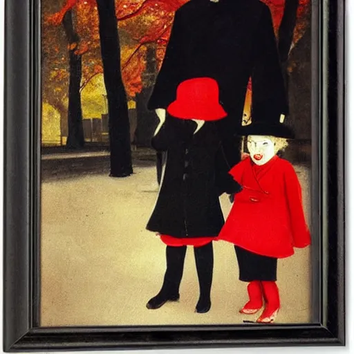 Image similar to A thin man in a black coat and bowler hat talks with small young girl dressed in a red coat and a red hat, park, autumn, Berlin, in style of valentine serov, wide angle, high detail, width 768