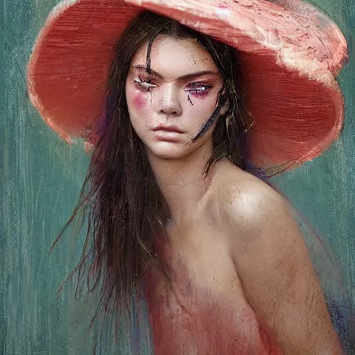 Image similar to happy very thick paint brush strokes paint texture full body very worn out very rusty fashion model kendall jenner by Jeremy Lipking by Hasui Kawase by Richard Schmid (((smokey eyes makeup eye shadow fantasy, glow, shimmer as victorian woman in a long white frilly lace dress and a large white hat having tea in a sunroom filled with flowers, roses and lush fern flowers ,intricate, night, highly detailed, dramatic lighting))) , high quality